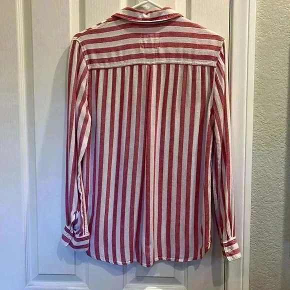 Rails Shirt Button Down Long Sleeve Top Pink Red Striped Linen Blend Coastal XS - Picture 8 of 13